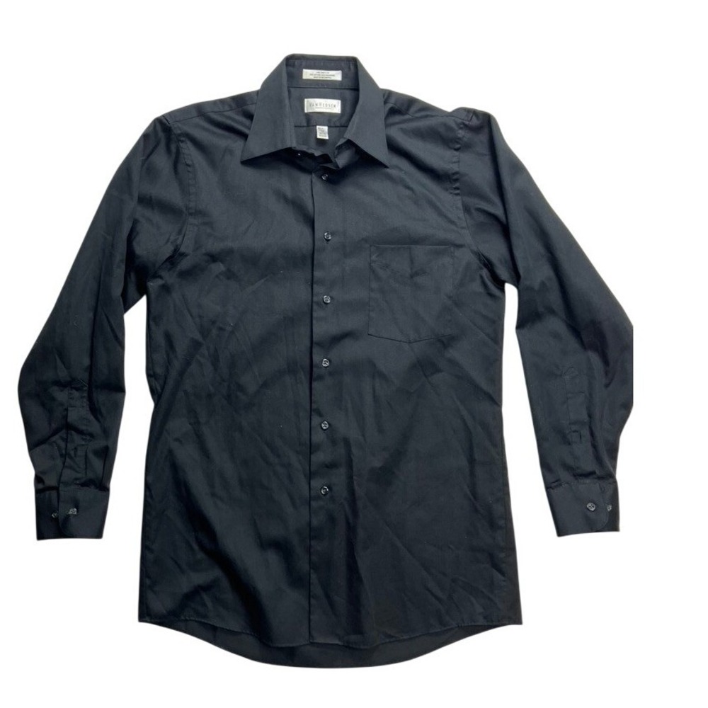 VAN HEUSEN Mens Black Lux Sateen Wrinkle Free Long Sleeve Shirt Medium 15 32/33